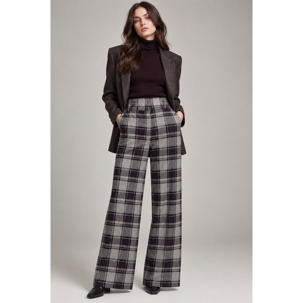 NY&Co 7th Avenue Gray Purple Plaid Wide Leg Trousers High Waist Pants Size 8